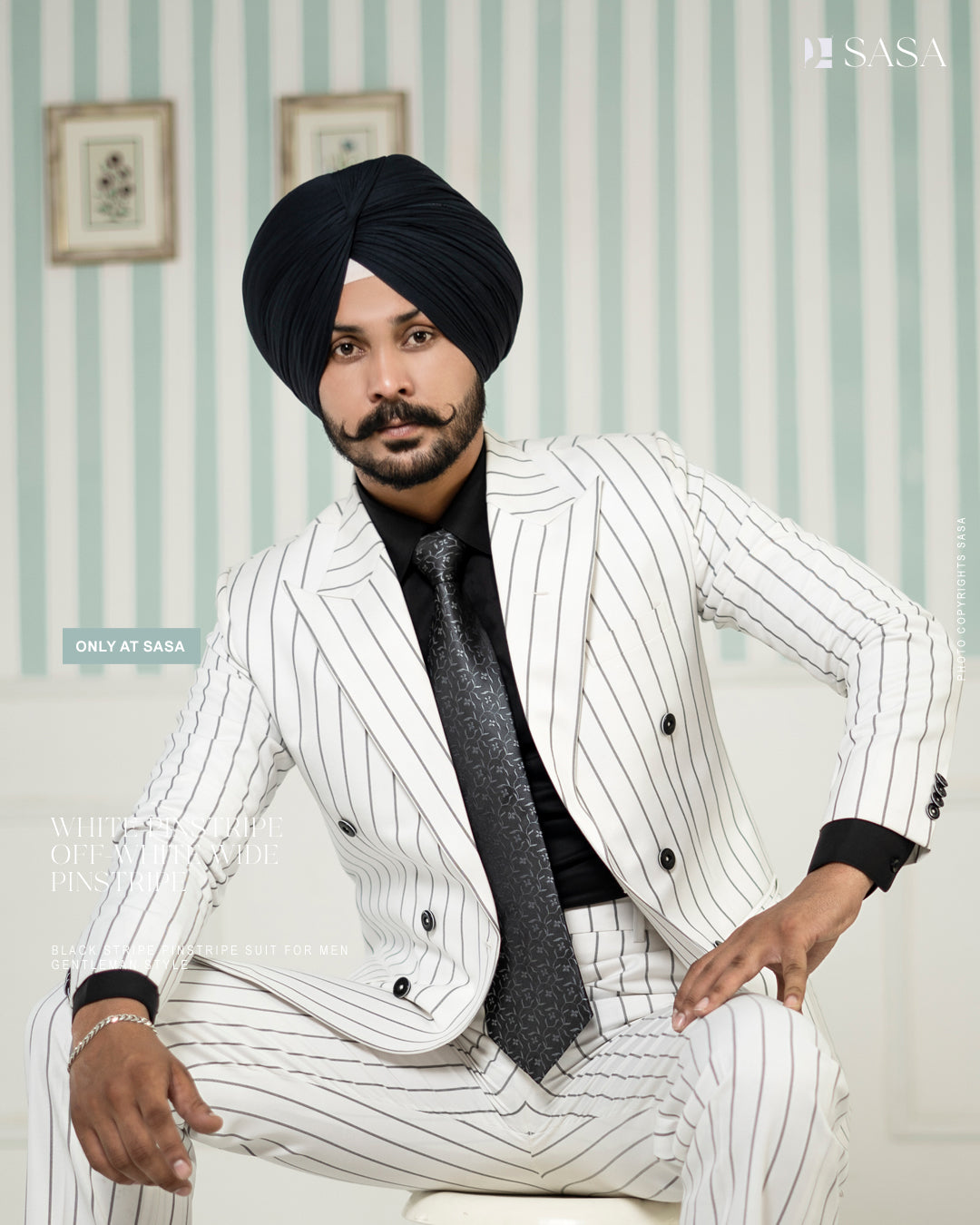 White Double-Breasted Suit with Black Strips