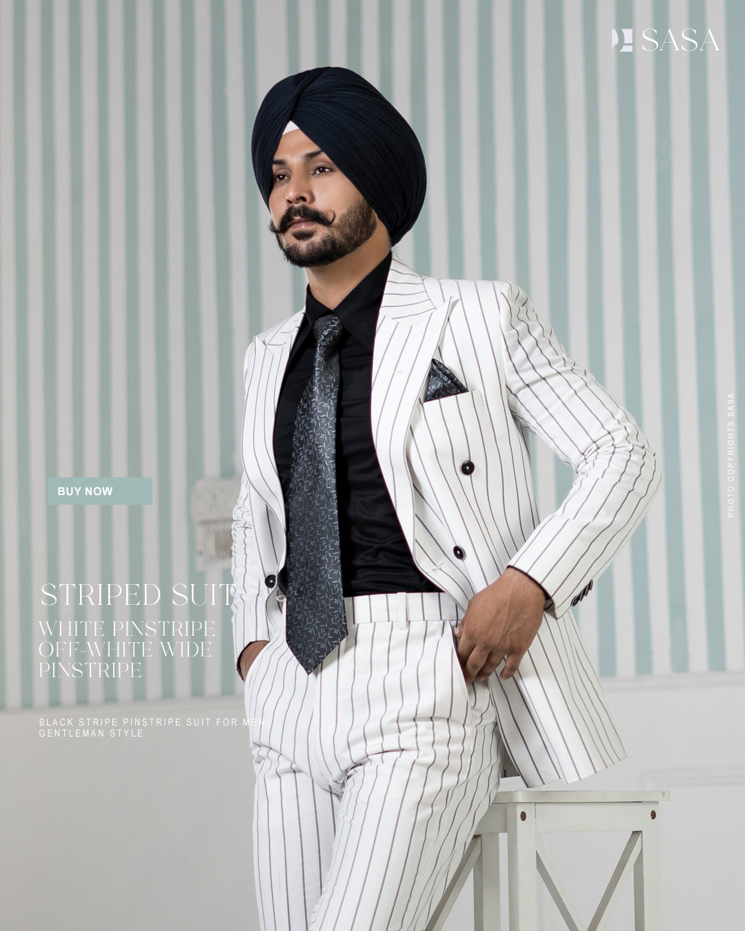 White Double-Breasted Suit with Black Strips