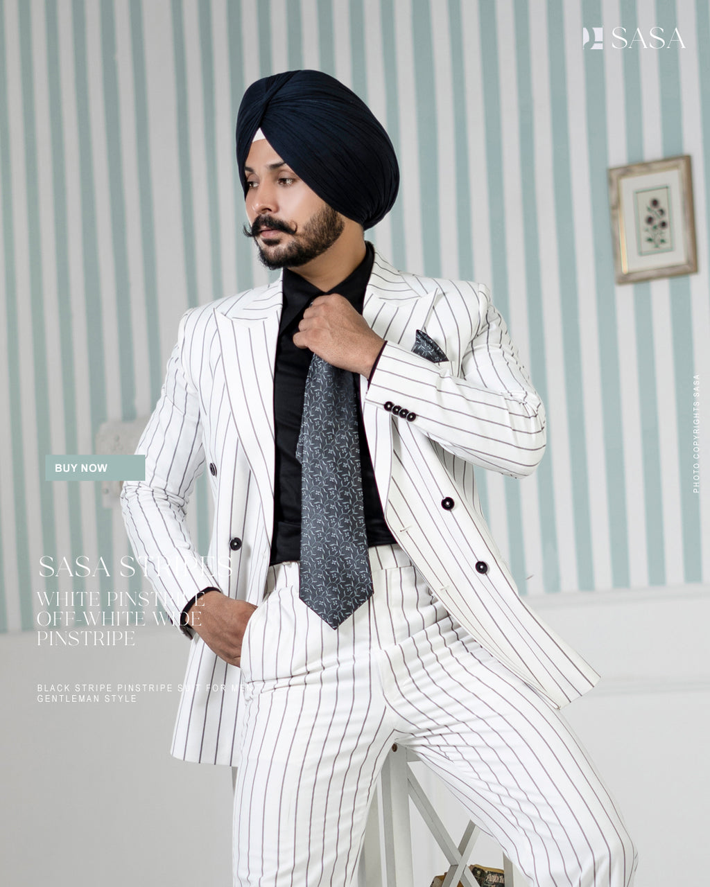 White Double-Breasted Suit with Black Strips