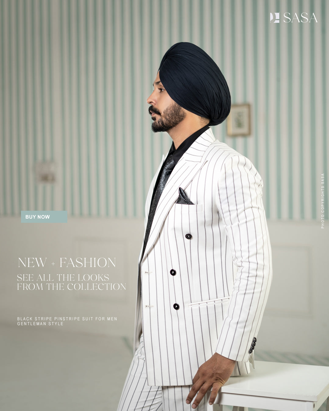 White Double-Breasted Suit with Black Strips