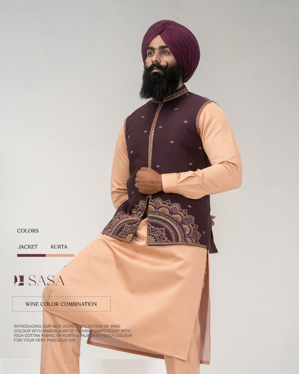 Wine Embroidered Jacket with Soft Peach Kurta Pajama
