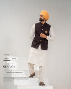 Wine Embroidered Jacket with Ivory Pathani Kurta Salwar