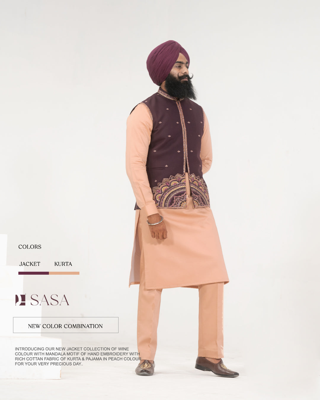 Wine Embroidered Jacket with Soft Peach Kurta Pajama