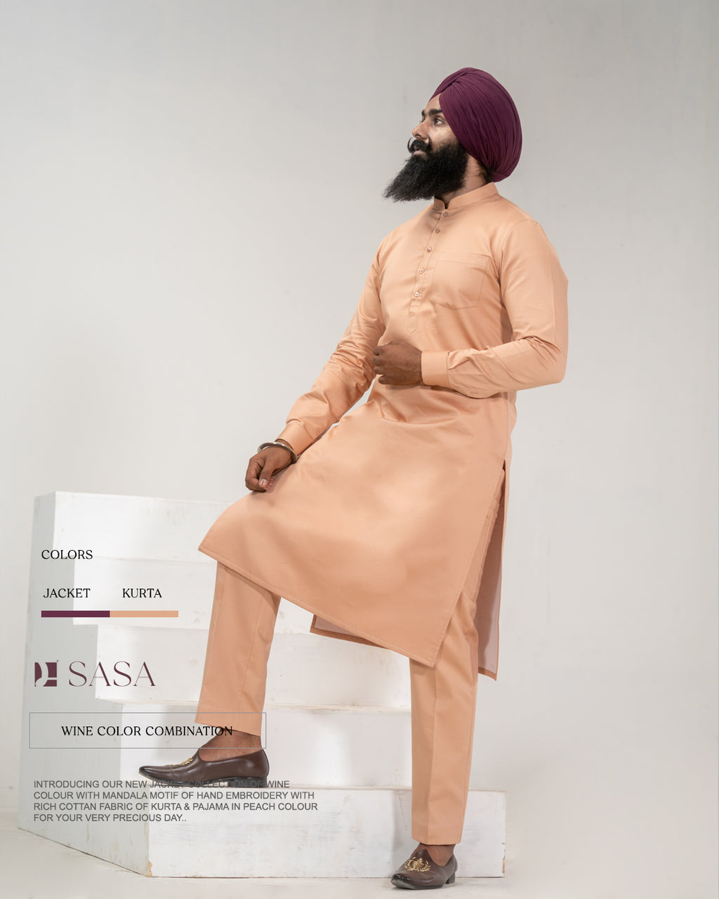 Wine Embroidered Jacket with Soft Peach Kurta Pajama