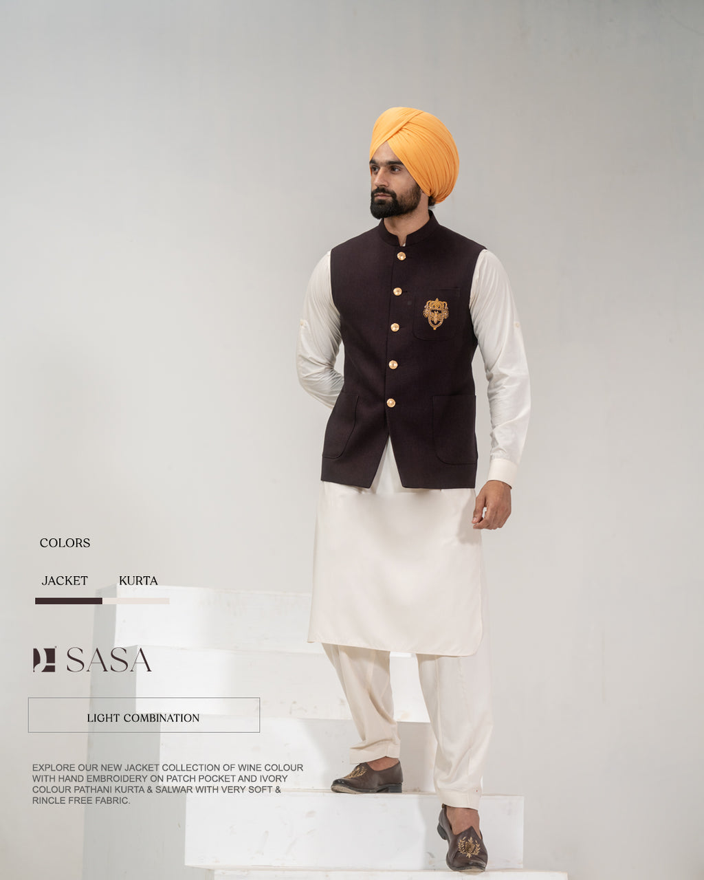 Wine Embroidered Jacket with Ivory Pathani Kurta Salwar