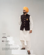 Wine Embroidered Jacket with Ivory Pathani Kurta Salwar