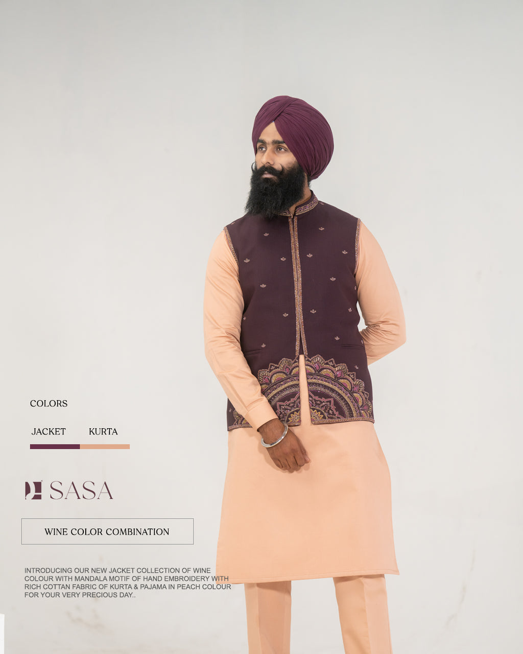 Wine Embroidered Jacket with Soft Peach Kurta Pajama