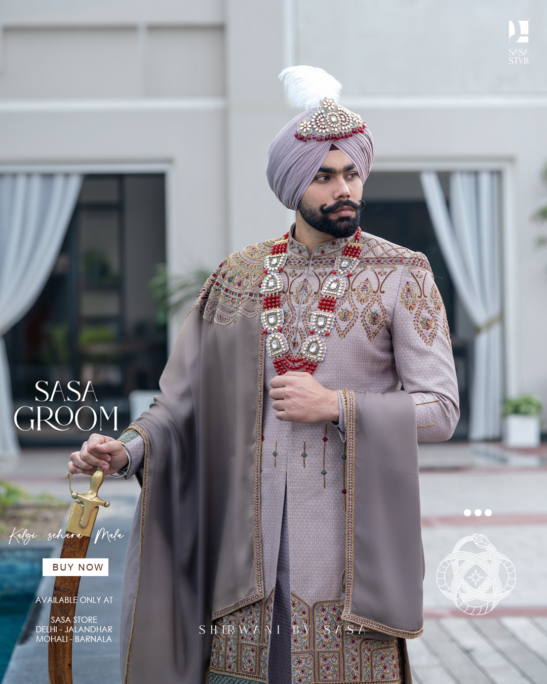 Dusty Beige Brocade Sherwani with Gold Embroidery & Royal Accessories