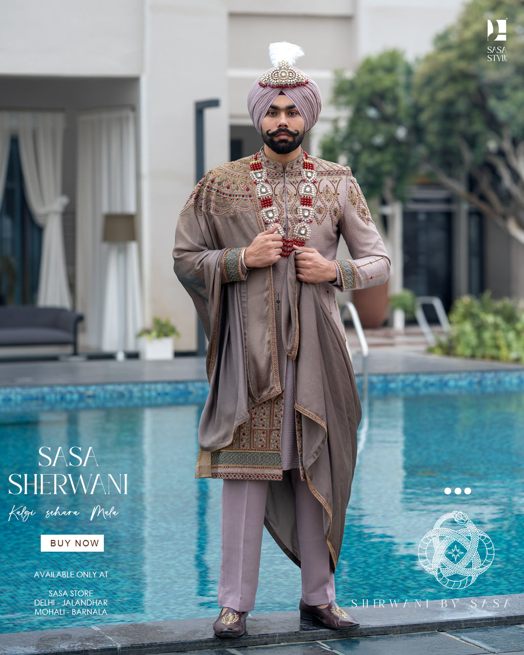 Dusty Beige Brocade Sherwani with Gold Embroidery & Royal Accessories