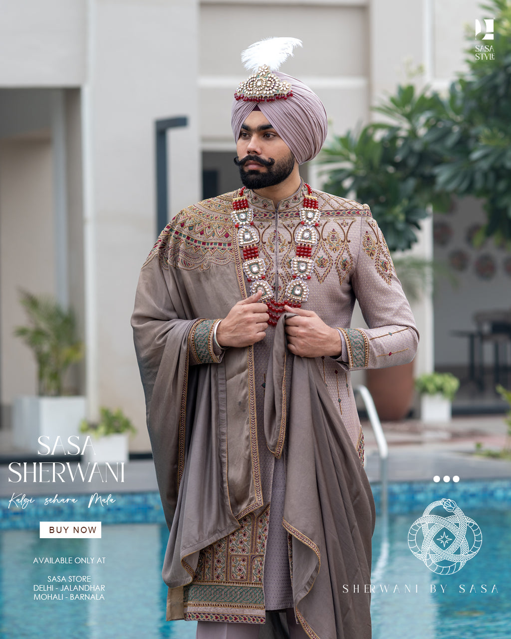 Dusty Beige Brocade Sherwani with Gold Embroidery & Royal Accessories