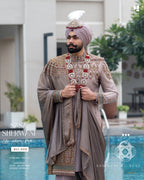 Dusty Beige Brocade Sherwani with Gold Embroidery & Royal Accessories