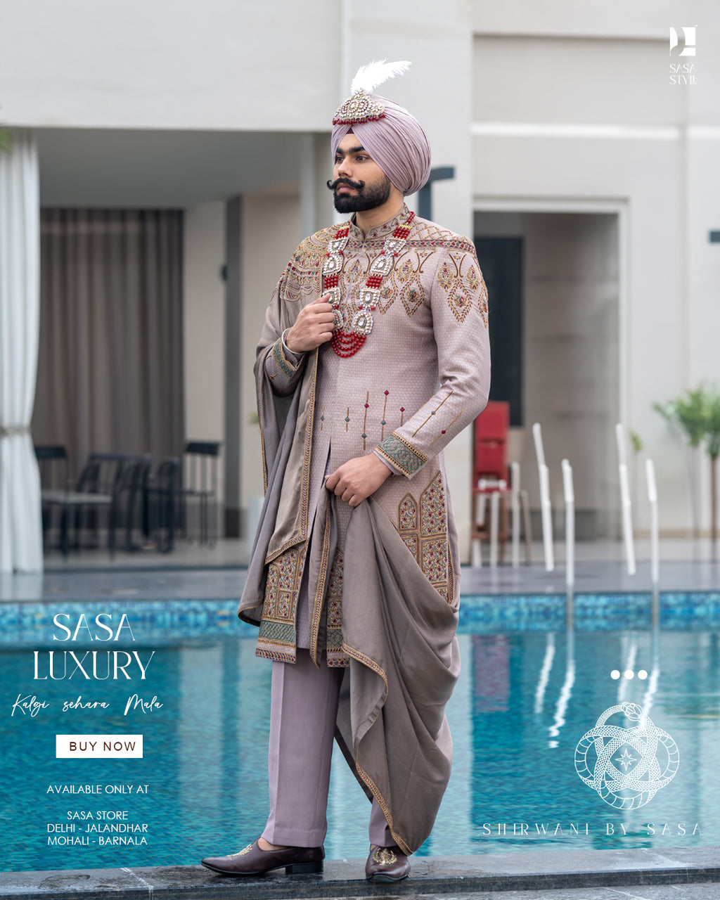 Dusty Beige Brocade Sherwani with Gold Embroidery & Royal Accessories