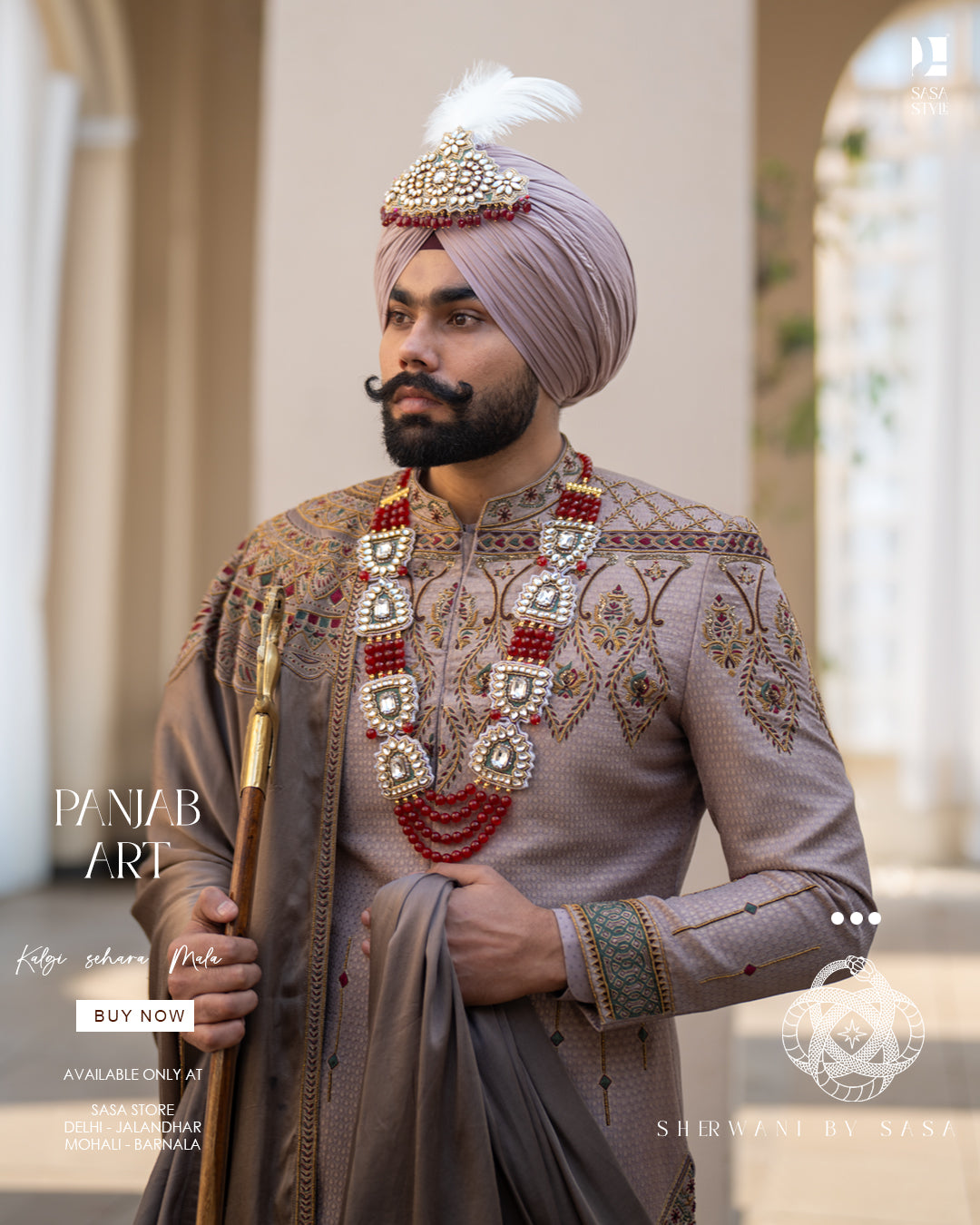 Dusty Beige Brocade Sherwani with Gold Embroidery & Royal Accessories