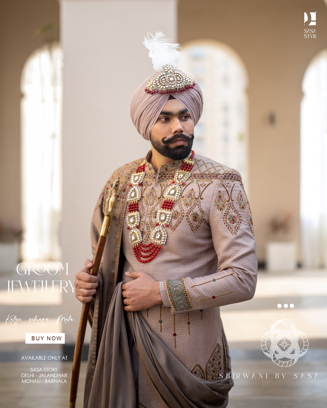 Dusty Beige Brocade Sherwani with Gold Embroidery & Royal Accessories