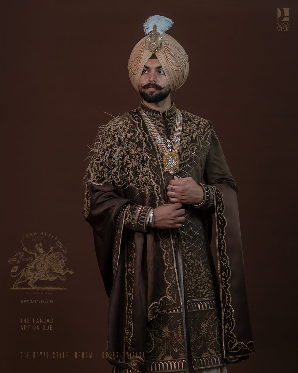 Dark Olive Brown Velvet Sherwani with Royal Gold Embroidery