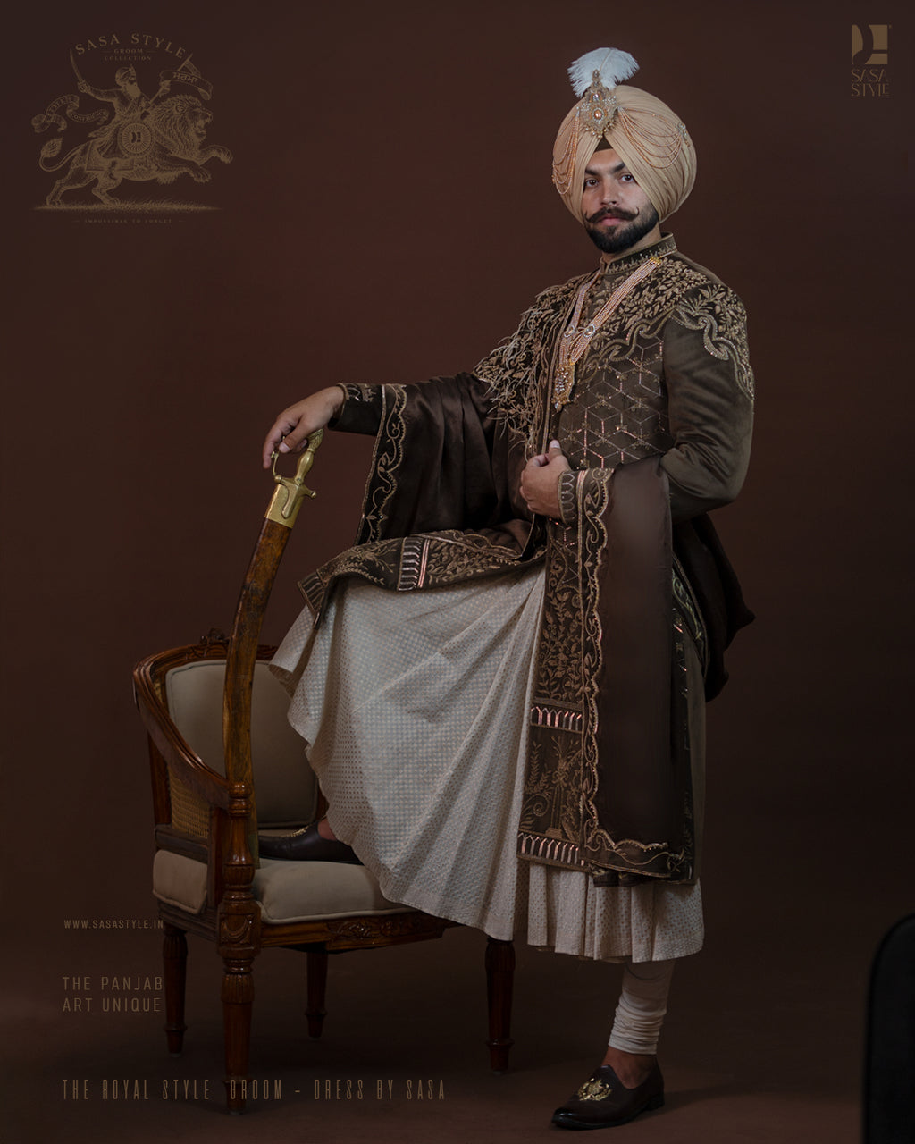 Dark Olive Brown Velvet Sherwani with Royal Gold Embroidery