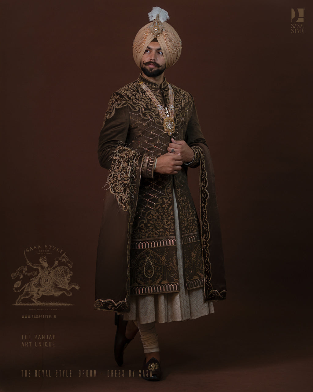 Dark Olive Brown Velvet Sherwani with Royal Gold Embroidery