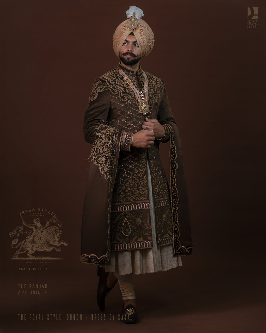 Dark Olive Brown Velvet Sherwani with Royal Gold Embroidery