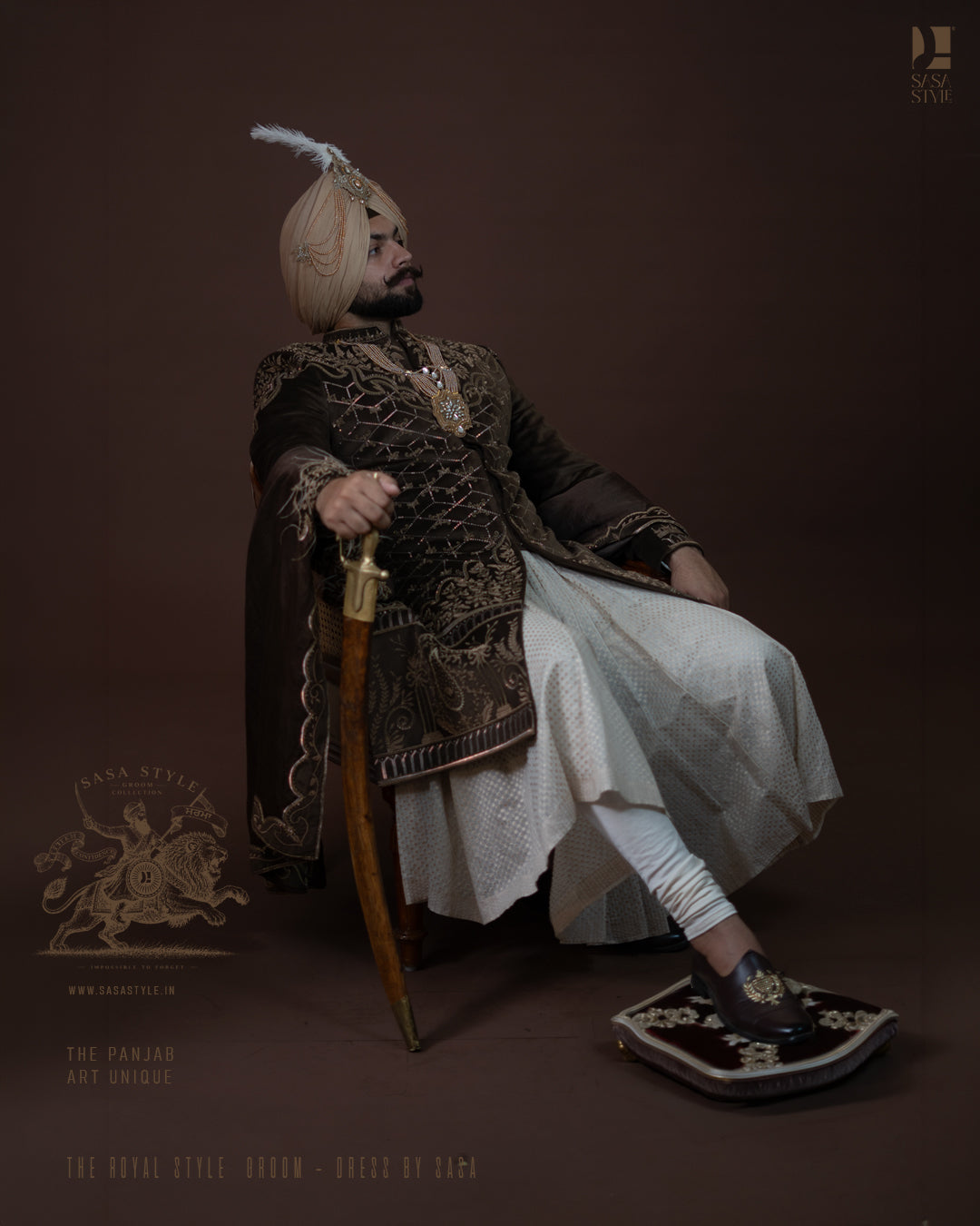 Dark Olive Brown Velvet Sherwani with Royal Gold Embroidery