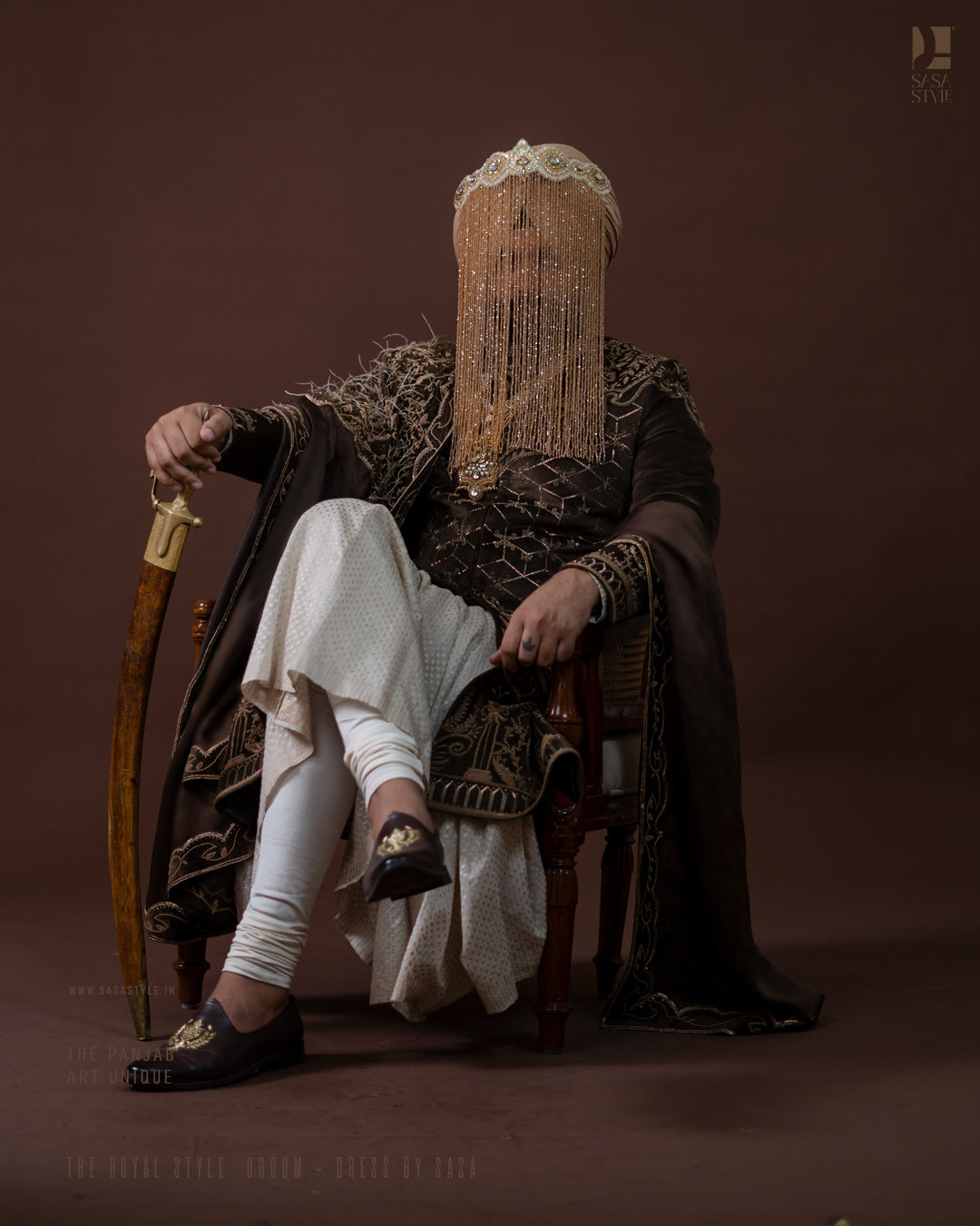 Dark Olive Brown Velvet Sherwani with Royal Gold Embroidery