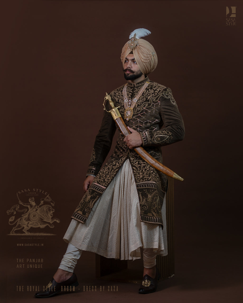 Dark Olive Brown Velvet Sherwani with Royal Gold Embroidery