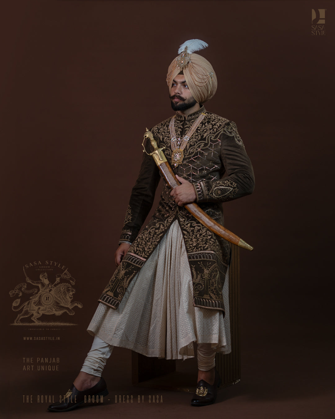 Dark Olive Brown Velvet Sherwani with Royal Gold Embroidery