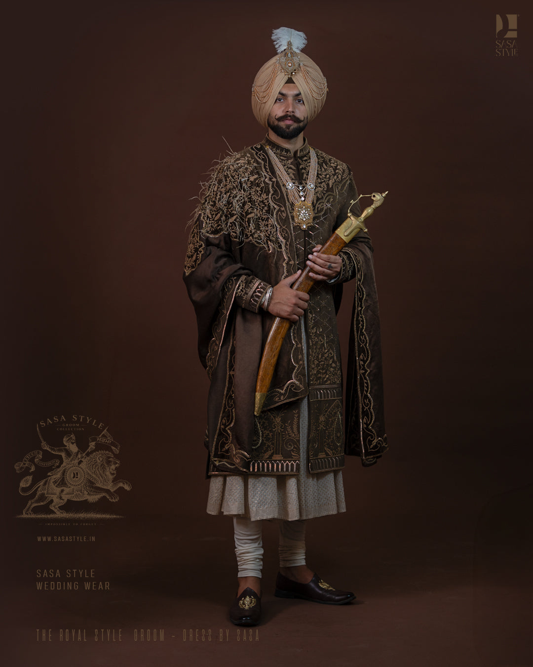 Dark Olive Brown Velvet Sherwani with Royal Gold Embroidery