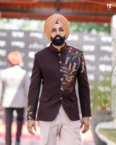 Brown Embroidered 2 Piece Band Gala Coat Pant