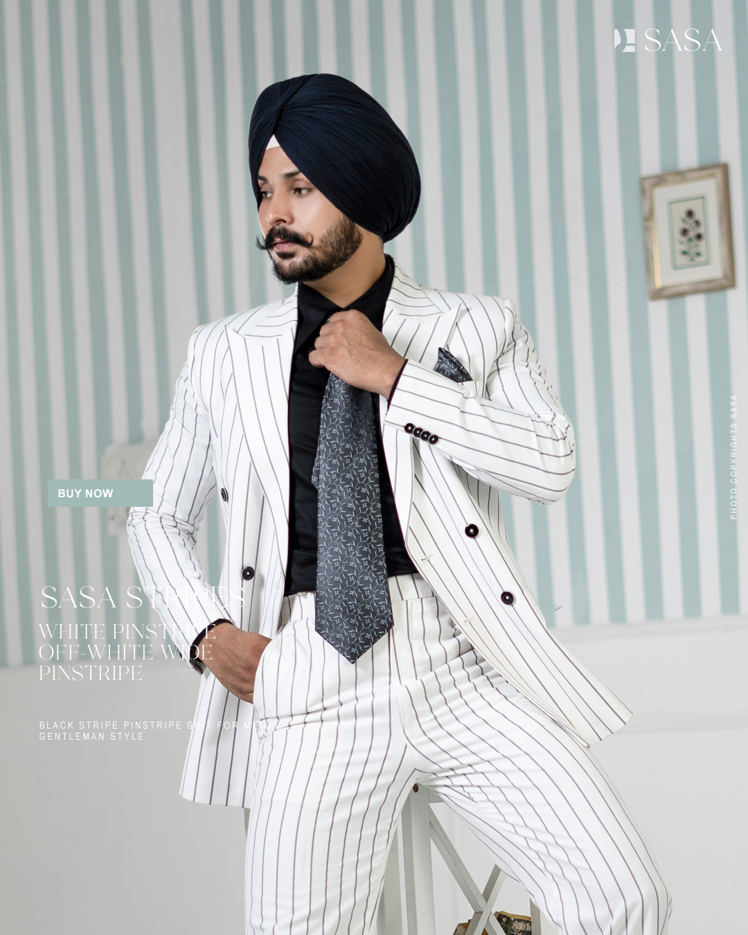 White Double-Breasted Suit with Black Strips
