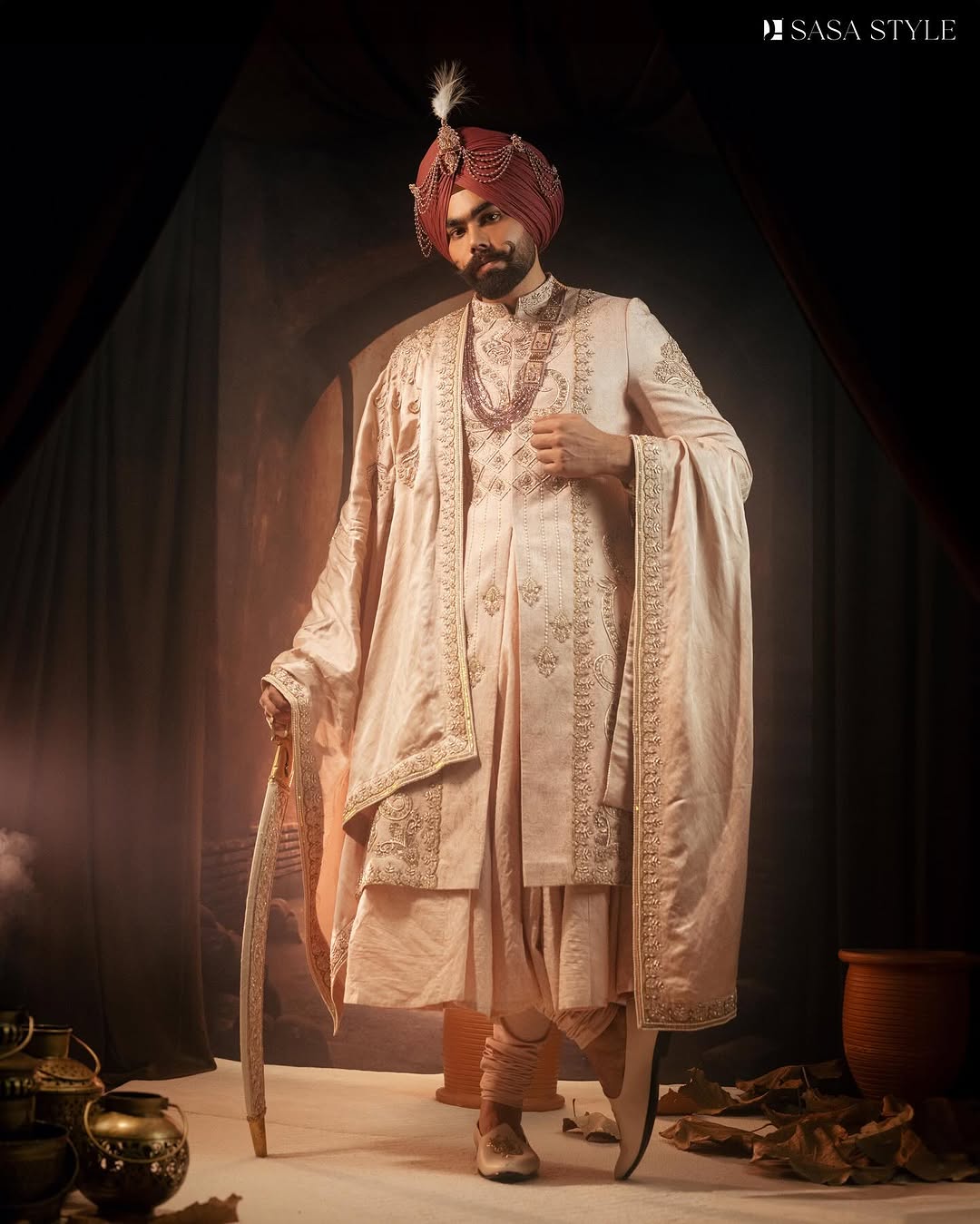 Champagne Pink Sherwani Angrakha with Pajami & Embroidered Palla