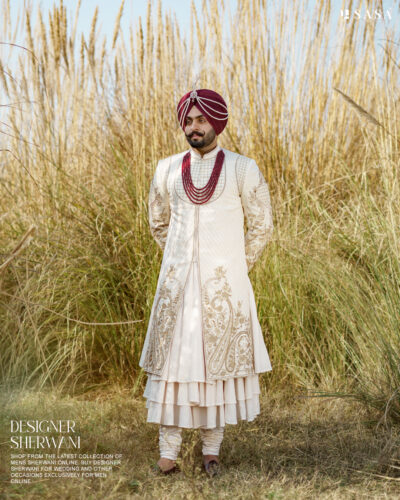 Off-White Sherwani Set with Embellished Palla