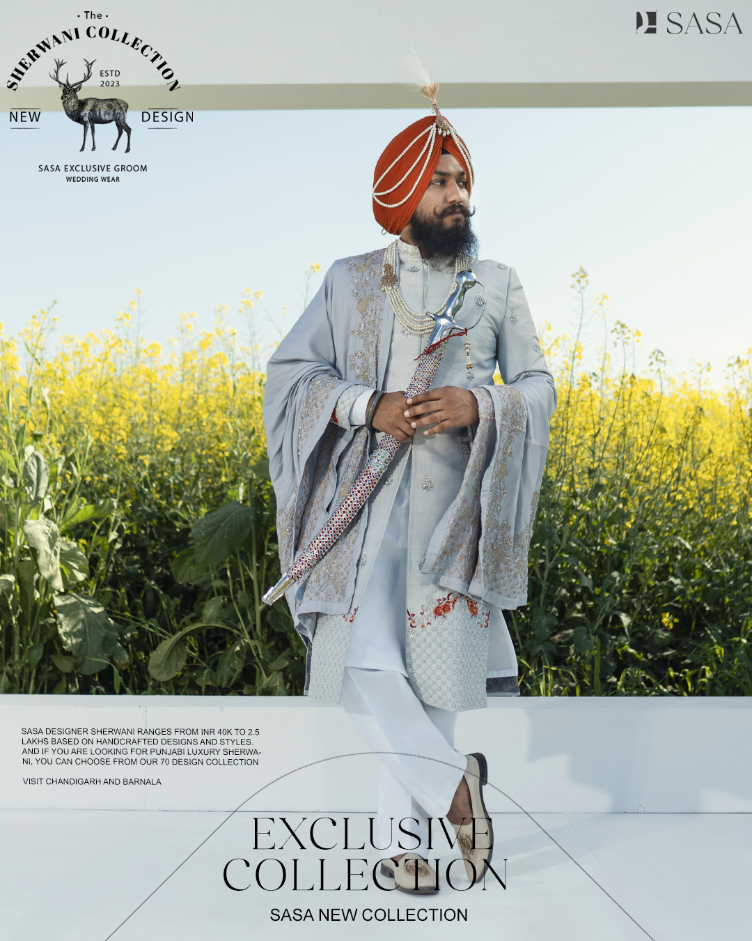 Bright Grey Sherwani Set with Hand Embroidery and Matching Palla