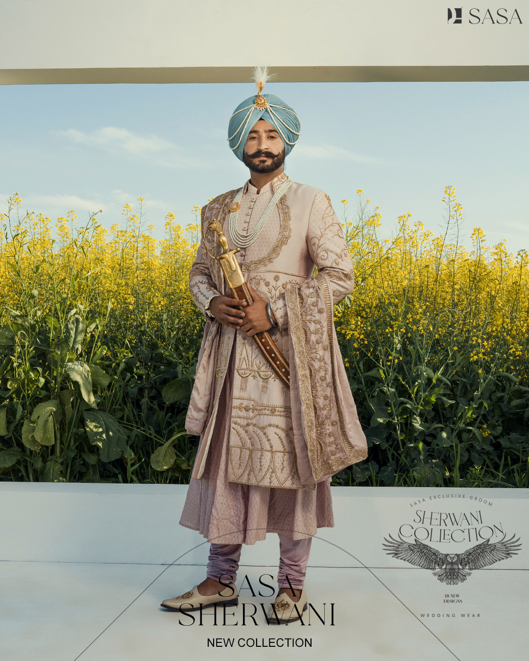 Blush Pink Hand-Embroidered Sherwani with Angrakha, Pajami & Palla