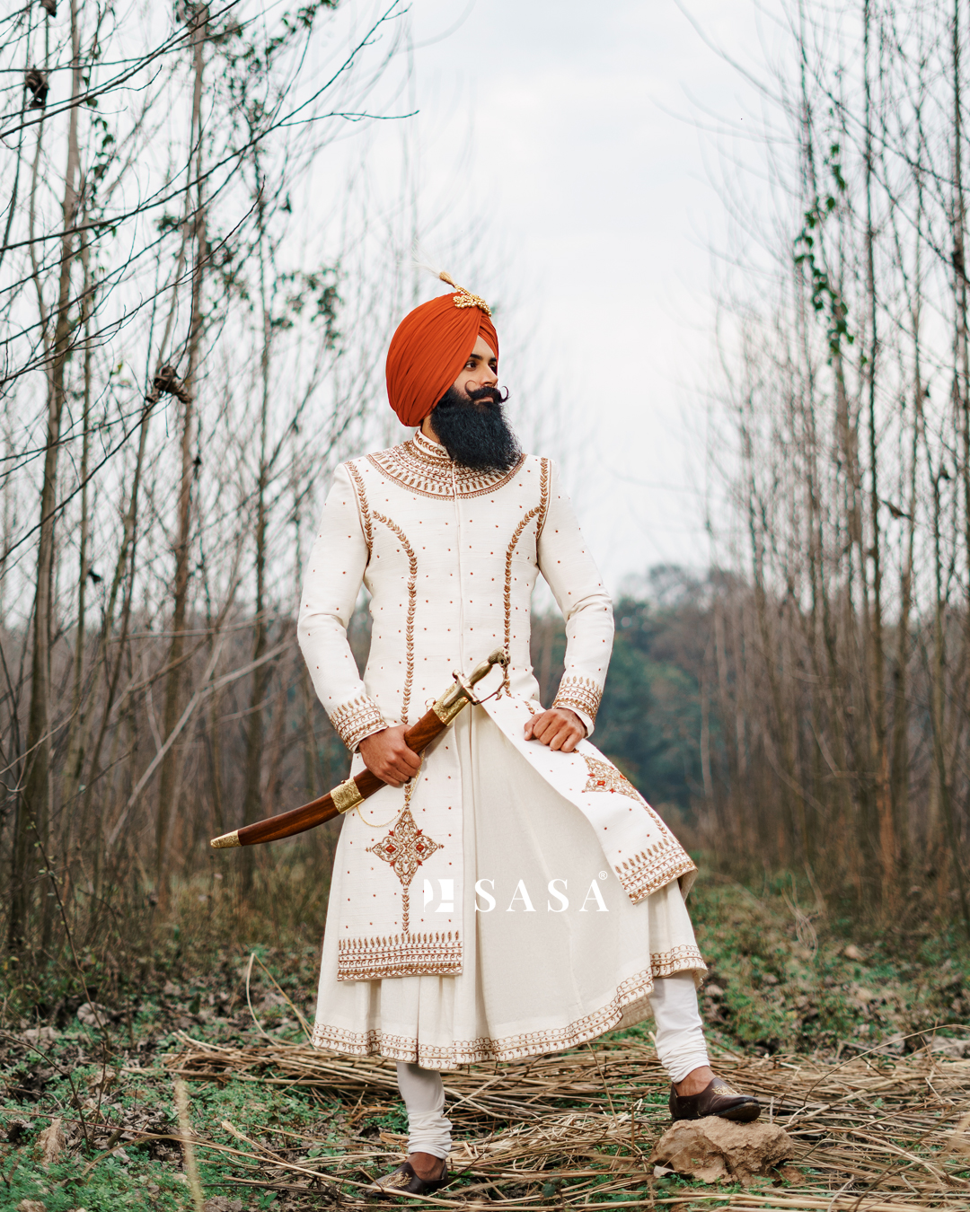 Ivory Sherwani Angrakha Set with Handcrafted Detailing and Palla