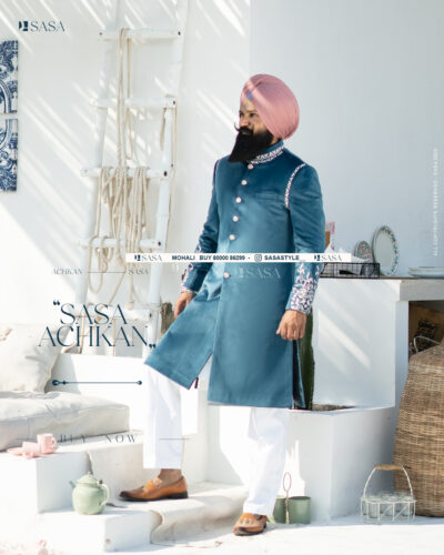 Peacock Blue Elegance: Embroidered Achkan with Kurta Pajama
