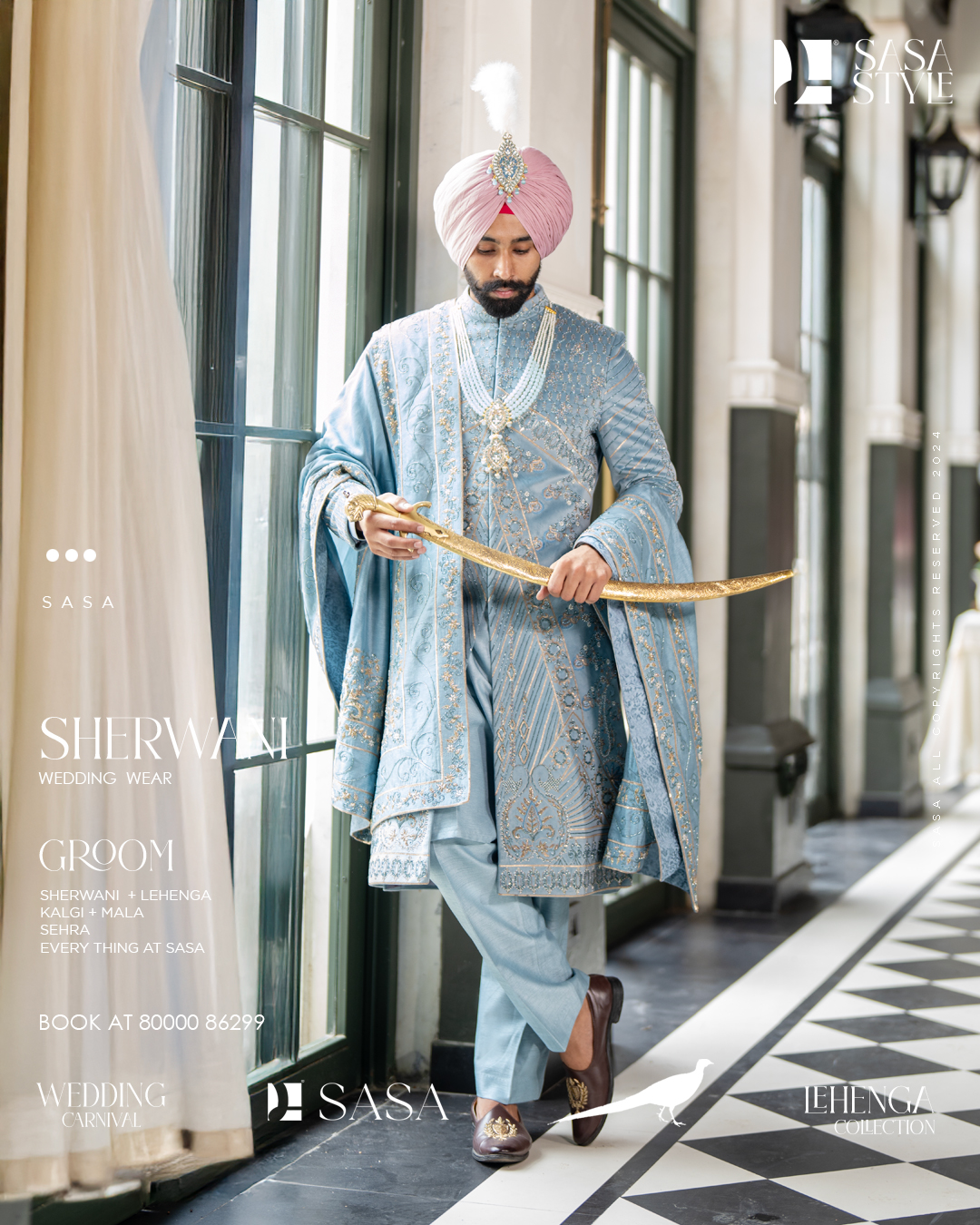 Powder Blue Sherwani with Hand-Embroidered Floral & Geometric Patterns