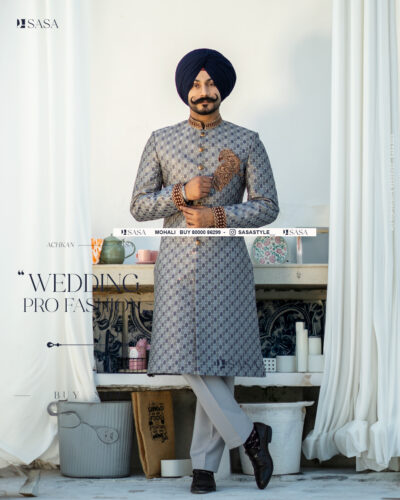 Regal Elegance: Hand-Embroidered Achkan with Pants