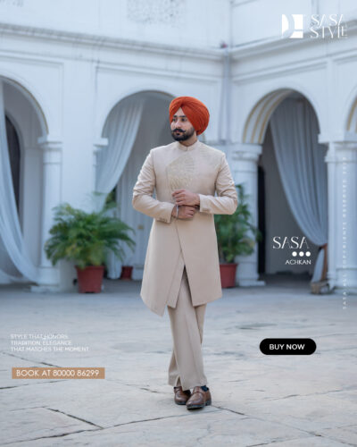 Beige Tan Achkan with Royal Detailing for Wedding Elegance