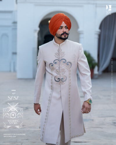 Soft Tan Achkan with Majestic Embroidery for Graceful Grooms