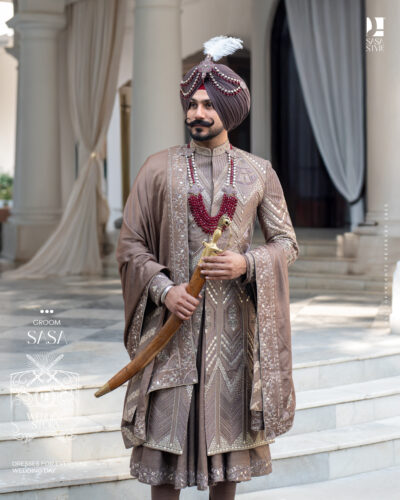 Brown Chanderi Sherwani with Leather Beads