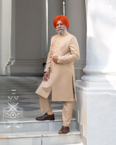 Camel Beige Achkan with Embroidery for a Regal Wedding Look