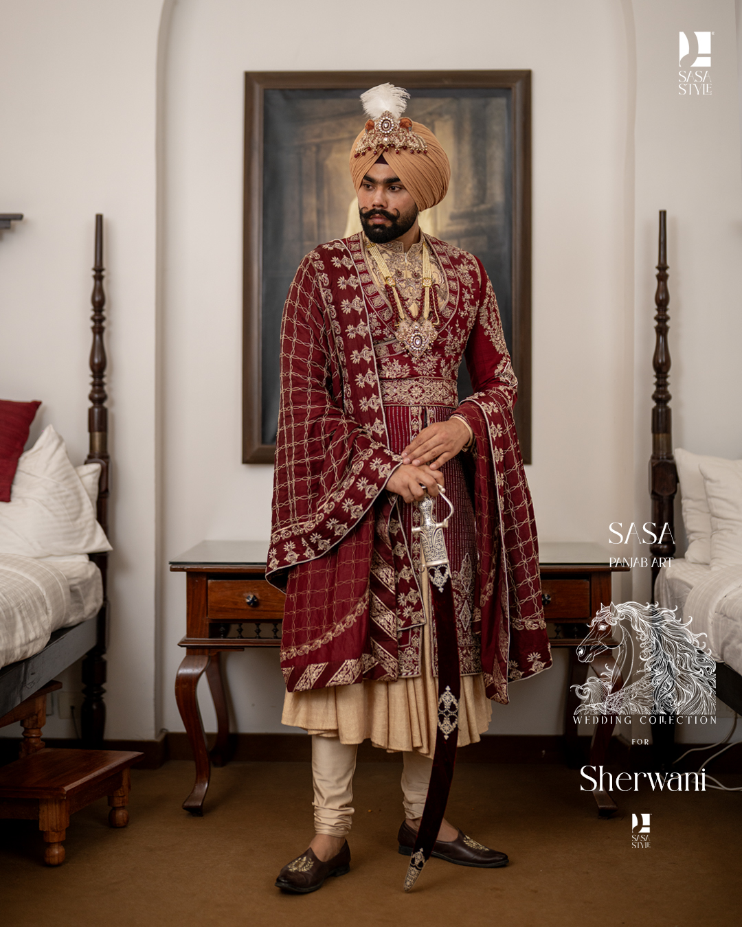 Majestic Deep Maroon Sherwani with Gold Beige Angrakha Elegance