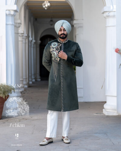 Regal Bottle Green Achkan with Handcrafted Royal Wedding Detailing
