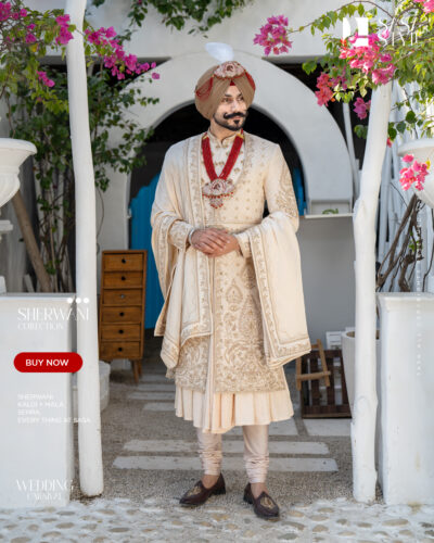 Exquisite Ivory Angrakha Sherwani with Pajami & Pala