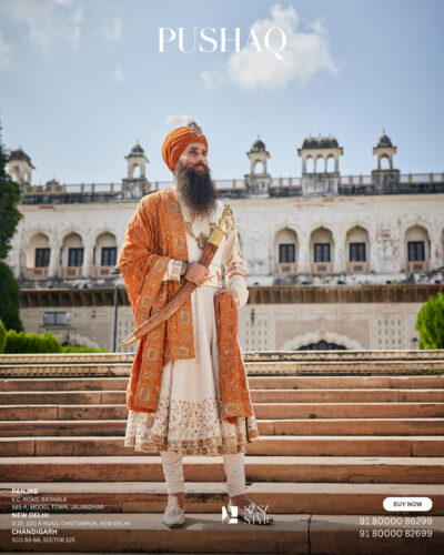 Akal Sahaye Ivory Pushaq with Gold & Copper Embroidery