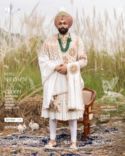 Off White Sherwani with Multicolor Floral Embroidery