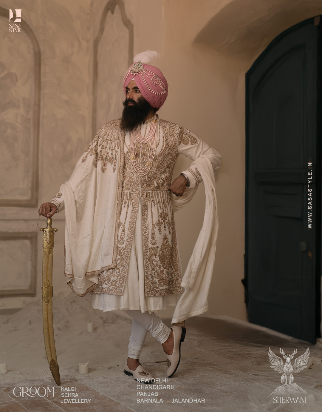 Mughal Inspired Cream Angrakha Sherwani with Regal Hand Embroidery