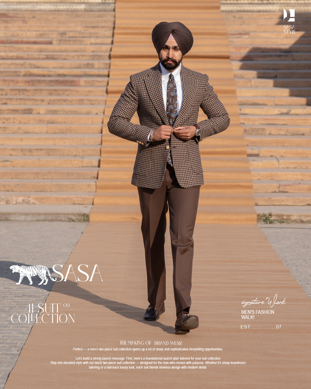 Beige Houndstooth Blazer with Burgundy and Green Accents - Mocha Pants