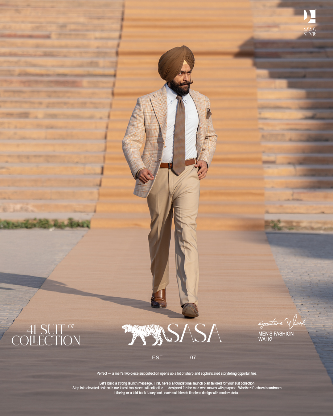 Beige Plaid Blazer with Orange Lines Paired with Khaki Pant