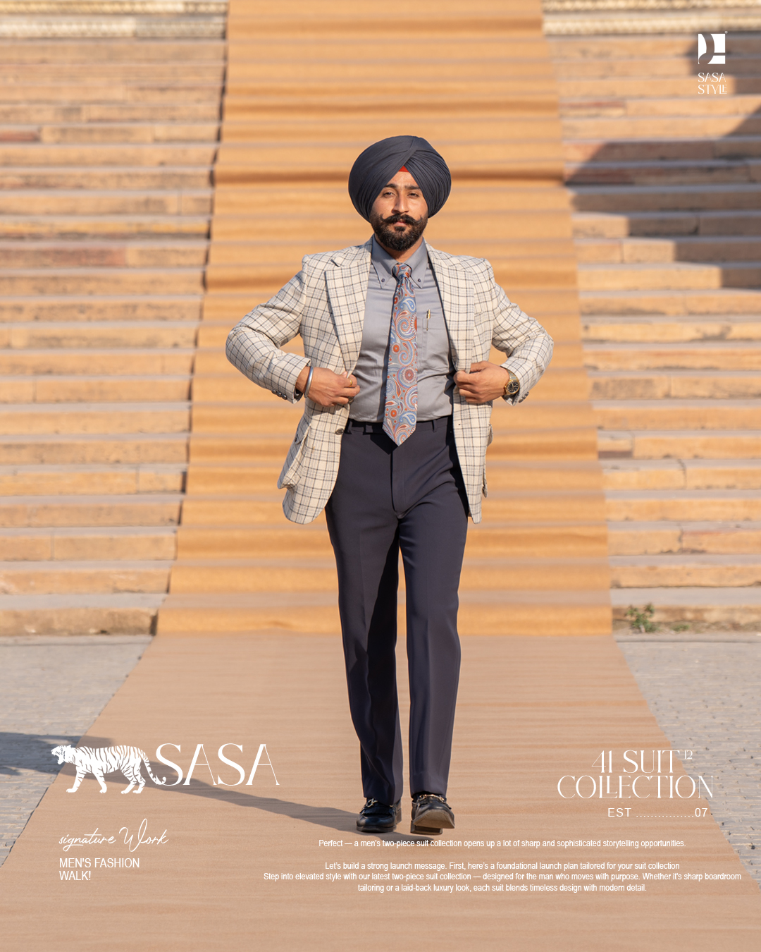 Off-White Cream Blazer with Slate Blue Checks and Carbon Pants